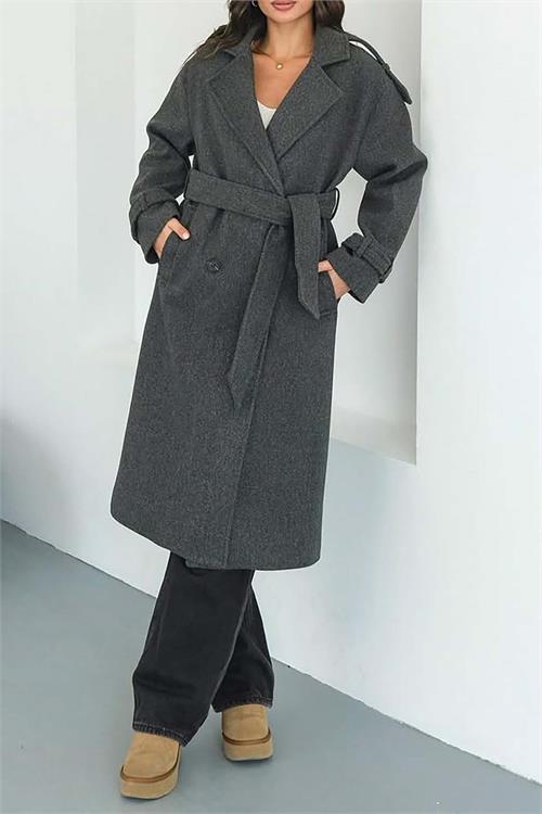 XXL Butik kadın antrasit ithal kumaş kaşe kaban X-NBMYLK26