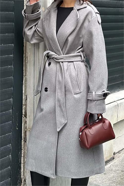 XXL Butik kadın Gri Melanj ithal kumaş kaşe kaban X-NBMYLK26