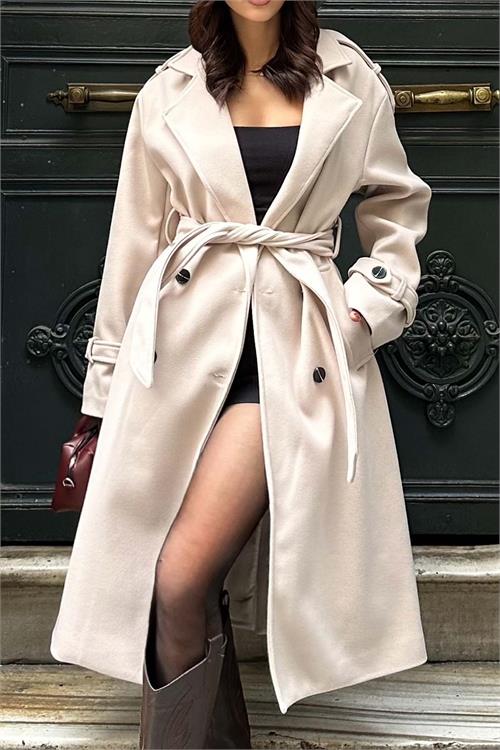 XXL Butik kadın bej ithal kumaş kaşe kaban X-NBMYLK26