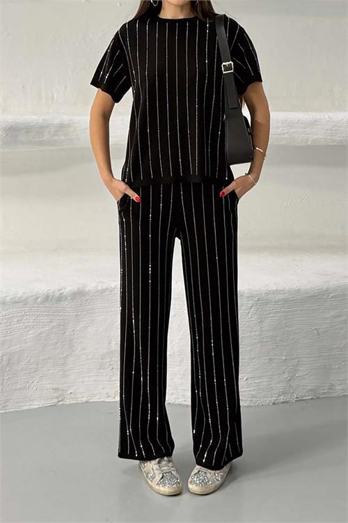 Kadın Siyah Çizgili Taş Detaylı Pantolon Tişört Takım ESR028 