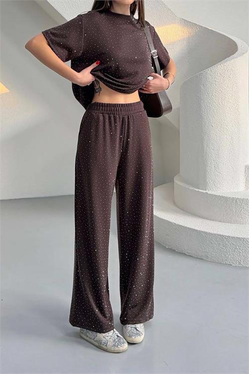 Kadın Kahverengi Modal Kumaş Taş Detaylı Pantolon Tişört Takım ESR044 