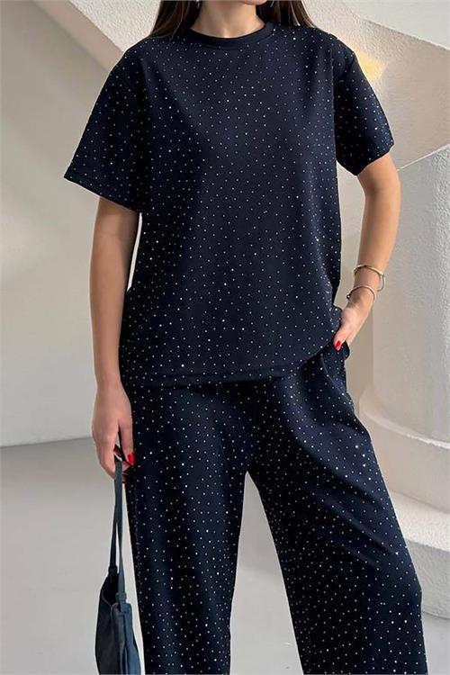 Kadın Lacivert Modal Kumaş Taş Detaylı Pantolon Tişört Takım ESR044 