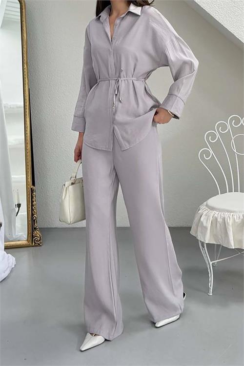 Kadın Gri Modal Gömlek Yaka Büzgü Detaylı Pantolon Takım ESR045 