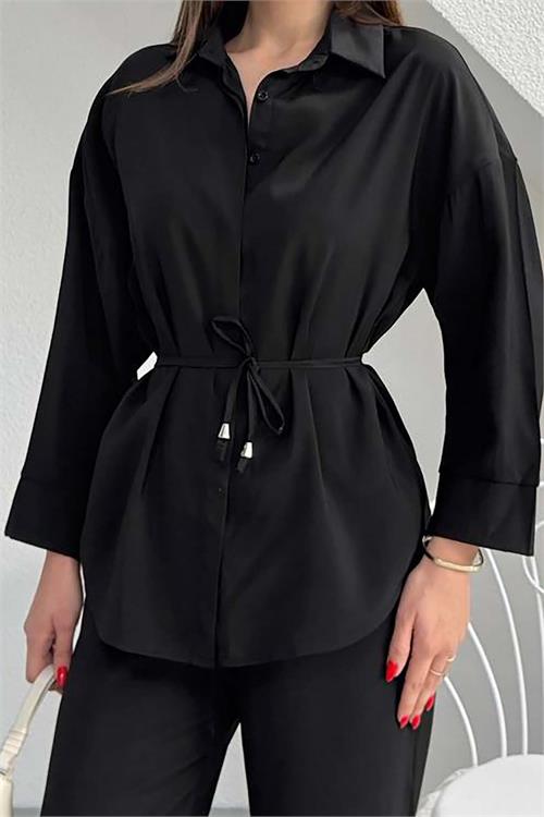 Kadın Siyah Modal Gömlek Yaka Büzgü Detaylı Pantolon Takım ESR045 