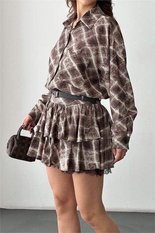 Kadın Ekose Gömlek Yaka Etek Takım – Kemer Dahil ESR049 