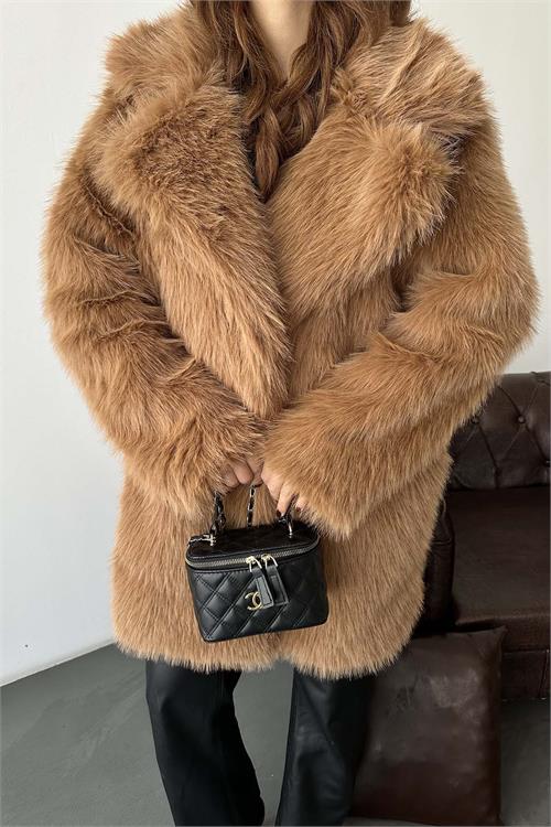 Kadın Taba Kürk Kruvaze Yaka Düğmeli Oversize Mont ESR001 