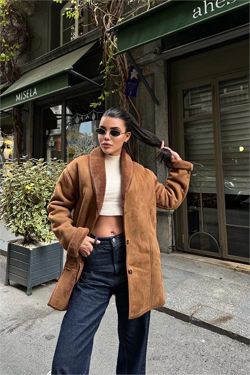 Kadın Kahverengi Süet Görünümlü İçi Kürklü Ceket ESR021 