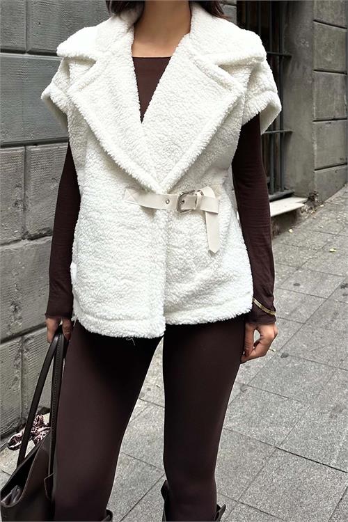 Kadın Ekru Peluş Yelek Kemer Detaylı Oversize ESR026 