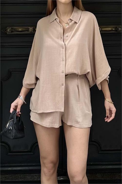 Kadın Pudra Keten Salaş Gömlek Şort Takım ESR037 