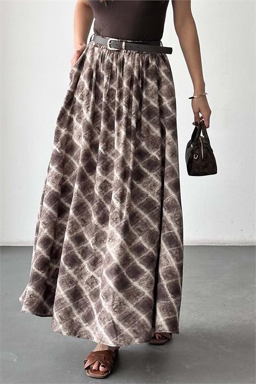 Kadın Desenli Tesettür Uzun Etek Kemer Detaylı ESR060 