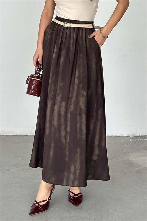 Kadın Kahverengi Tesettür Uzun Etek Kemer Detaylı ESR061 