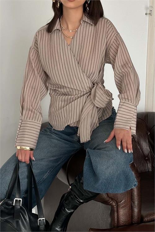 Kadın Vizon Çizgili Kruvaze Bağlama Detaylı Gömlek ESR064 