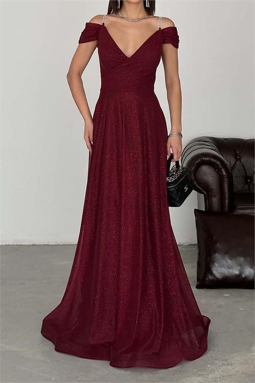 Kadın Beden Bordo Işıltılı Omuz Detaylı Büyük Beden Abiye Elbise ESR068 