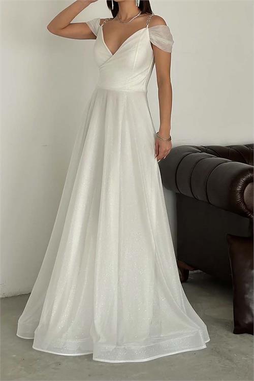 Kadın Beyaz Işıltılı Omuz Detaylı Büyük Beden Abiye Elbise ESR068 