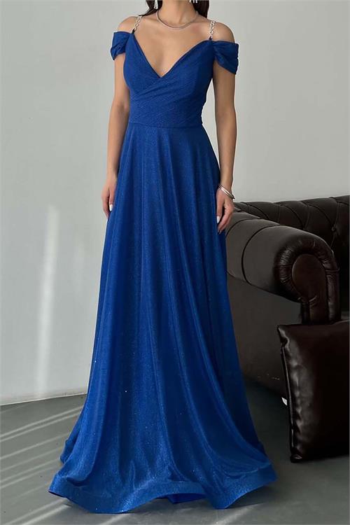 Kadın Saks Mavisi Işıltılı Omuz Detaylı Büyük Beden Abiye Elbise ESR068 