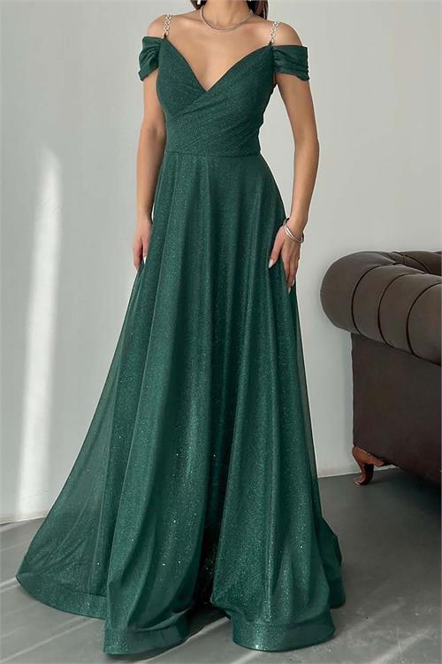 Kadın Zümrüt Yeşili Işıltılı Omuz Detaylı Büyük Beden Abiye Elbise ESR068 