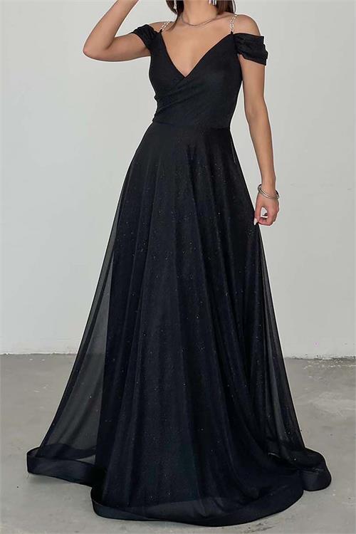 Kadın Siyah Işıltılı Omuz Detaylı Büyük Beden Abiye Elbise ESR068 