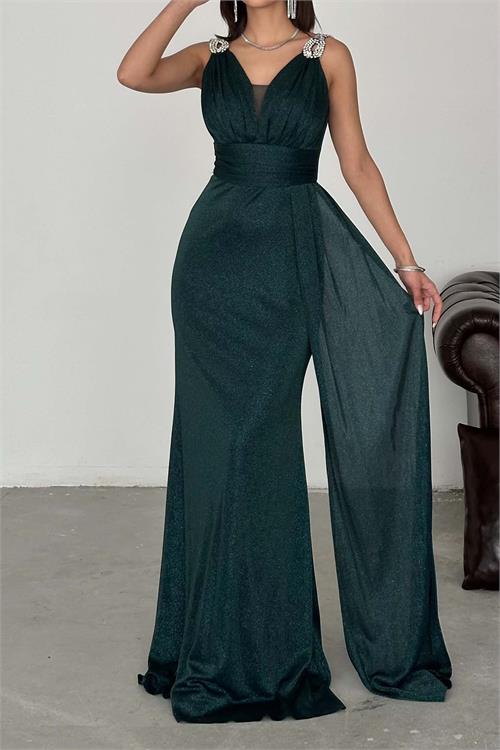 Kadın Zümrüt Yeşili Simli Kumaş Büyük Beden Abiye Elbise ESR073 