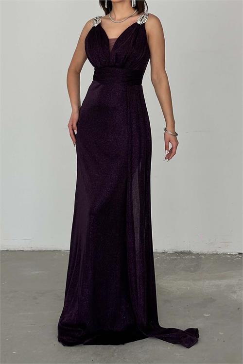 Kadın Mor Simli Kumaş Büyük Beden Abiye Elbise ESR073 