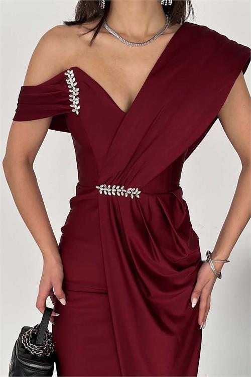 Kadın Bordo Drapeli Taş Detaylı Tek Omuz Tasarım Abiye Elbise ESR074 