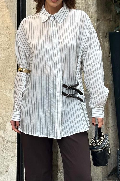 Kadın Ekru Oversize Çizgili Gömlek Tokalı Detaylı ESR076
