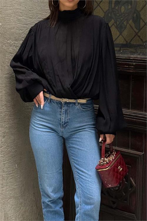 Kadın Siyah Drapeli Bluz Balıkçı Yaka Uzun Kollu ESR077