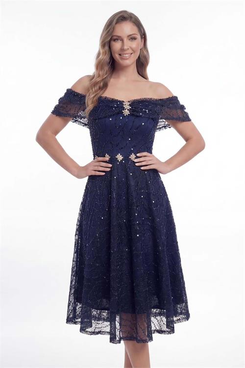 Kadın Lacivert Madonna Yaka Simli Tasarım Abiye & Mezuniyet Elbisesi ESR0102 