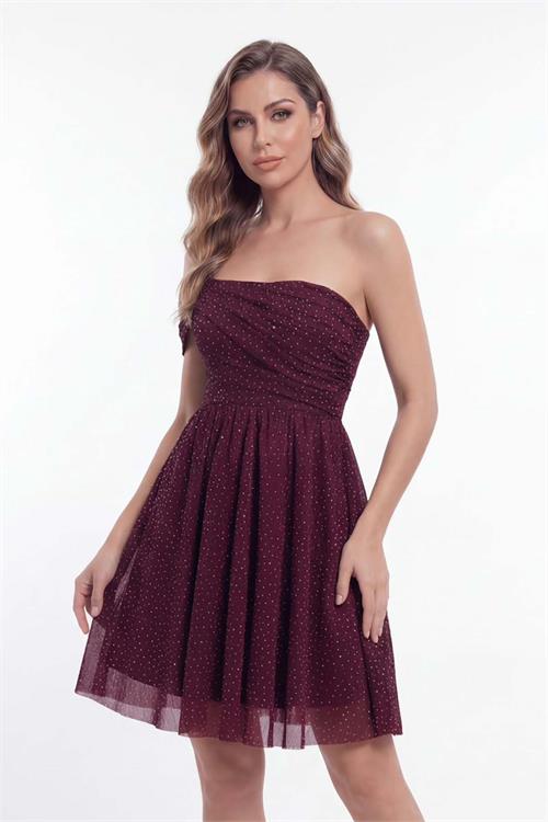 Kadın Bordo Drapeli Tek Omuz Simli Mini Abiye & Mezuniyet Elbisesi ESR0104 