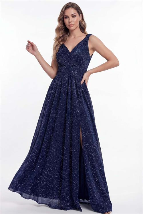 Kadın Lacivert Işıltılı Yırtmaç Dretaylı Maxi Boy Uzun Abiye Elbise ESR0107 