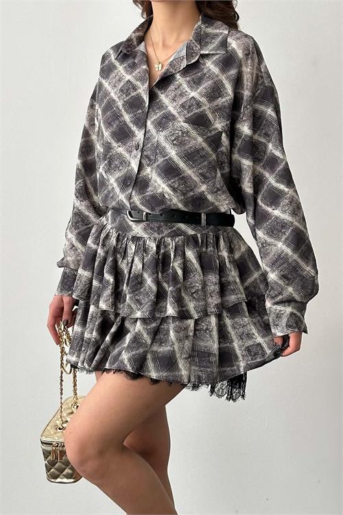 Kadın Ekose Gömlek Yaka Etek Takım – Kemer Dahil ESR049 