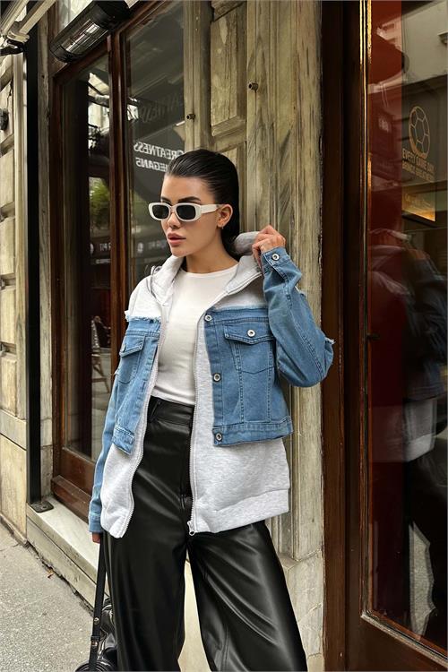 Kadın Mavi Jean Detaylı Kapüşonlu Fermuarlı Sweat Ceket ESR018 