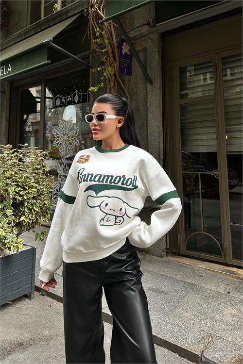 Kadın Ekru Baskılı Oversize Sweatshirt ESR020 