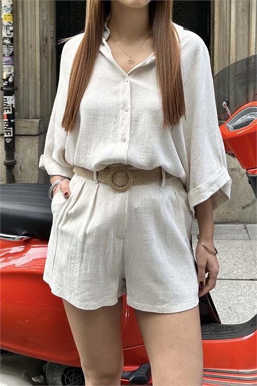 Kadın Taş Keten Salaş Gömlek Şort Takım ESR037 