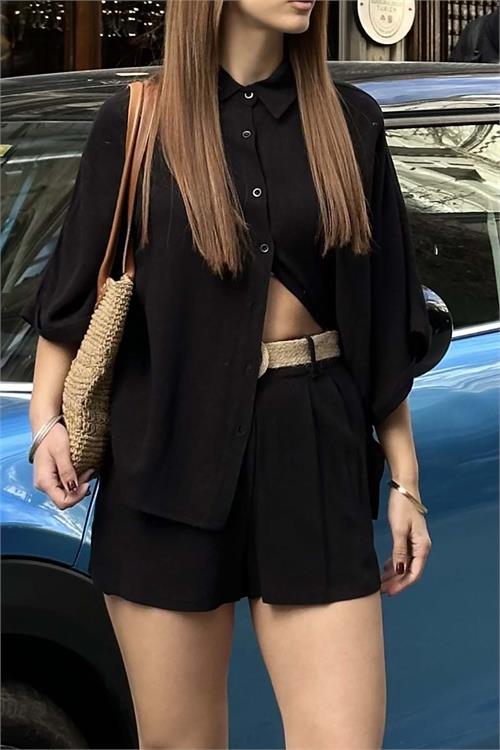 Kadın Siyah Keten Salaş Gömlek Şort Takım ESR037 