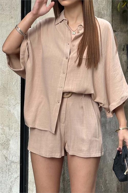 Kadın Pudra Keten Salaş Gömlek Şort Takım ESR037 