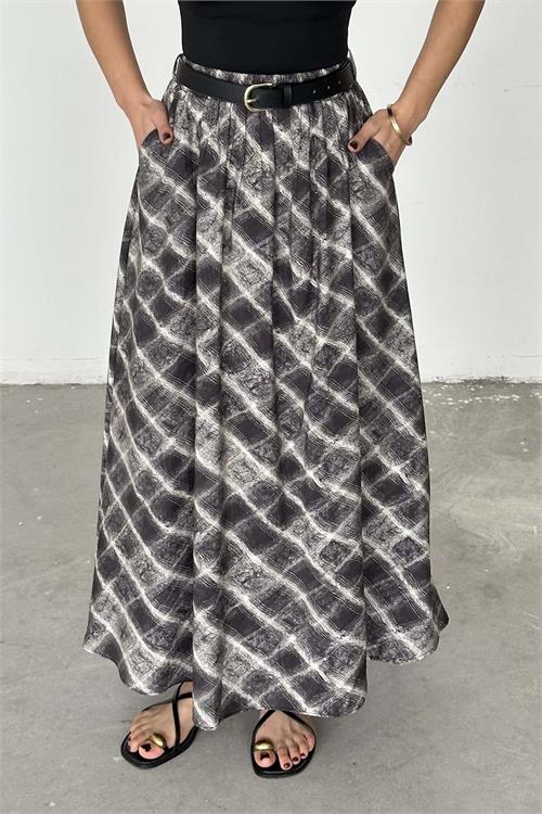 Kadın Desenli Tesettür Uzun Etek Kemer Detaylı ESR060 