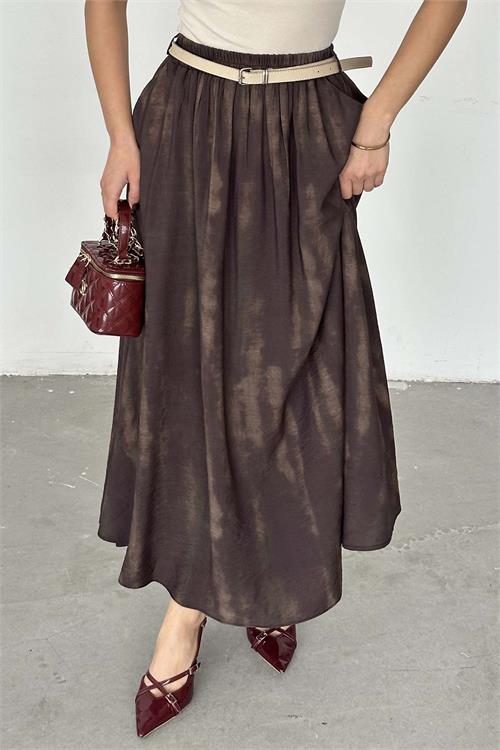 Kadın Kahverengi Tesettür Uzun Etek Kemer Detaylı ESR061 