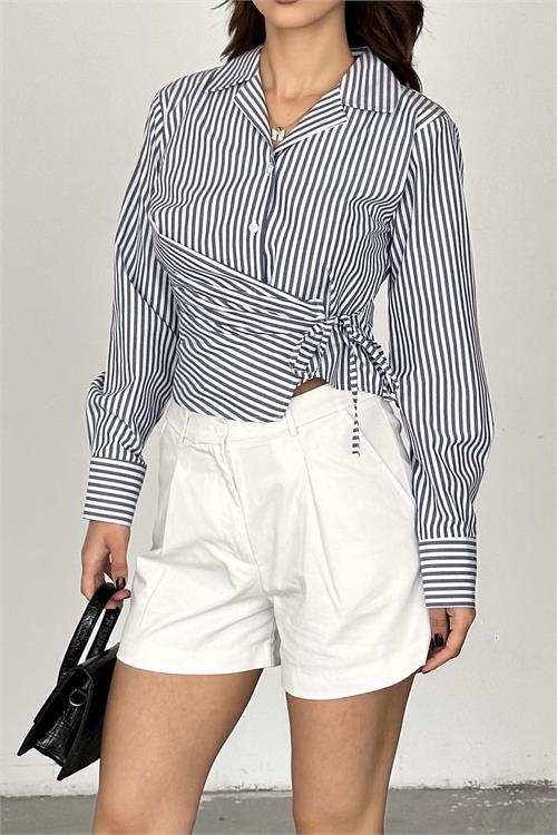 Kadın Çizgili Bağlama Detaylı Kruvaze Gömlek ESR062 