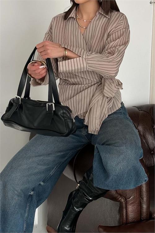 Kadın Vizon Çizgili Kruvaze Bağlama Detaylı Gömlek ESR064 