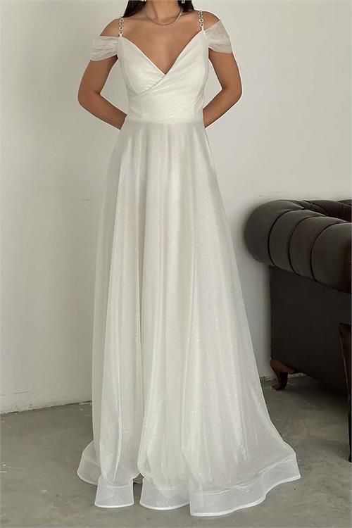 Kadın Beyaz Işıltılı Omuz Detaylı Büyük Beden Abiye Elbise ESR068 