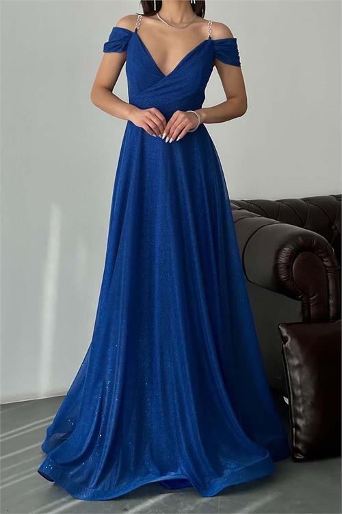 Kadın Saks Mavisi Işıltılı Omuz Detaylı Büyük Beden Abiye Elbise ESR068 