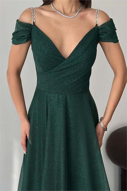 Kadın Zümrüt Yeşili Işıltılı Omuz Detaylı Büyük Beden Abiye Elbise ESR068 