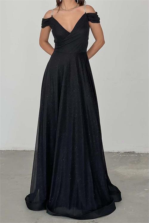 Kadın Siyah Işıltılı Omuz Detaylı Büyük Beden Abiye Elbise ESR068 