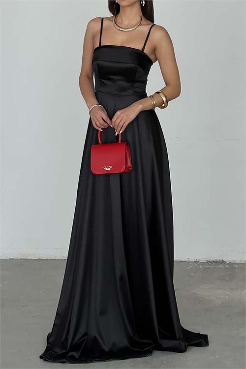 Kadın Siyah Saten Askılı Maxi Boy Kloş Abiye Elbise ESR071 