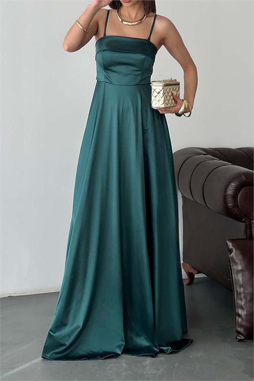 Kadın Zümrüt Yeşili Saten Askılı Maxi Boy Kloş Abiye Elbise ESR071 