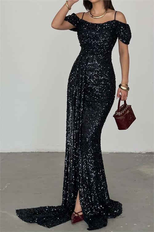 Kadın Lacivert Pul Payet Kuyruklu Maxi Boy Abiye Elbise ESR072 