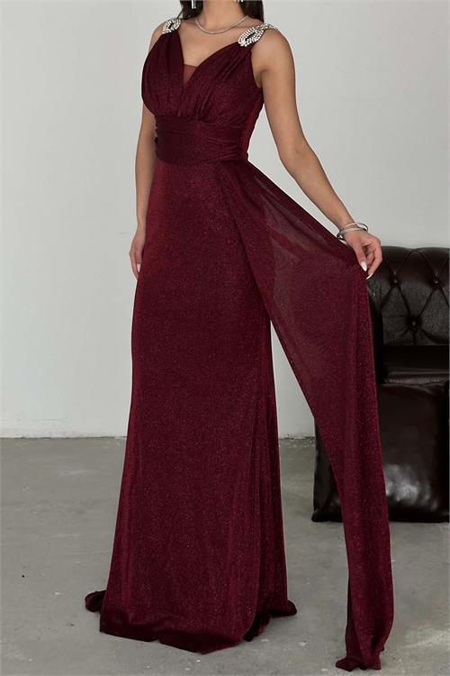 Kadın Bordo Simli Kumaş Büyük Beden Abiye Elbise ESR073 