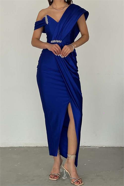 Kadın Saks Drapeli Taş Detaylı Tek Omuz Tasarım Abiye Elbise ESR074 