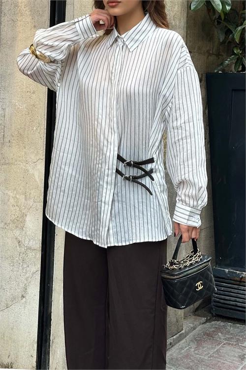 Kadın Ekru Oversize Çizgili Gömlek Tokalı Detaylı ESR076