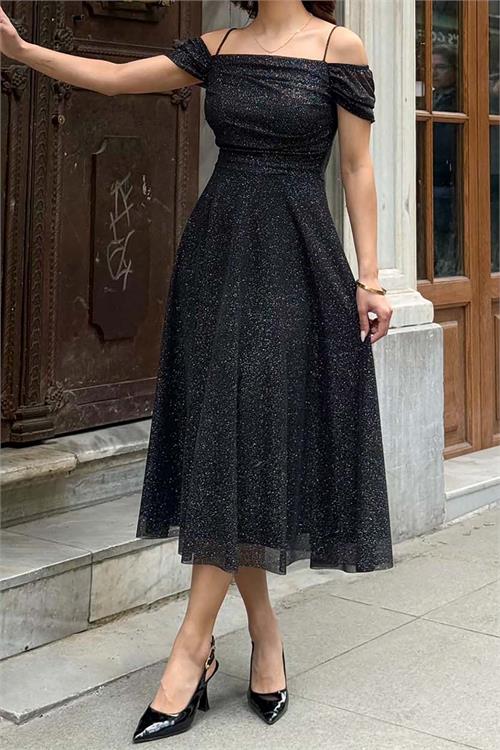 Kadın Siyah Simli Carmen Yaka Askılı Midi Boy Abiye Elbise ESR091 